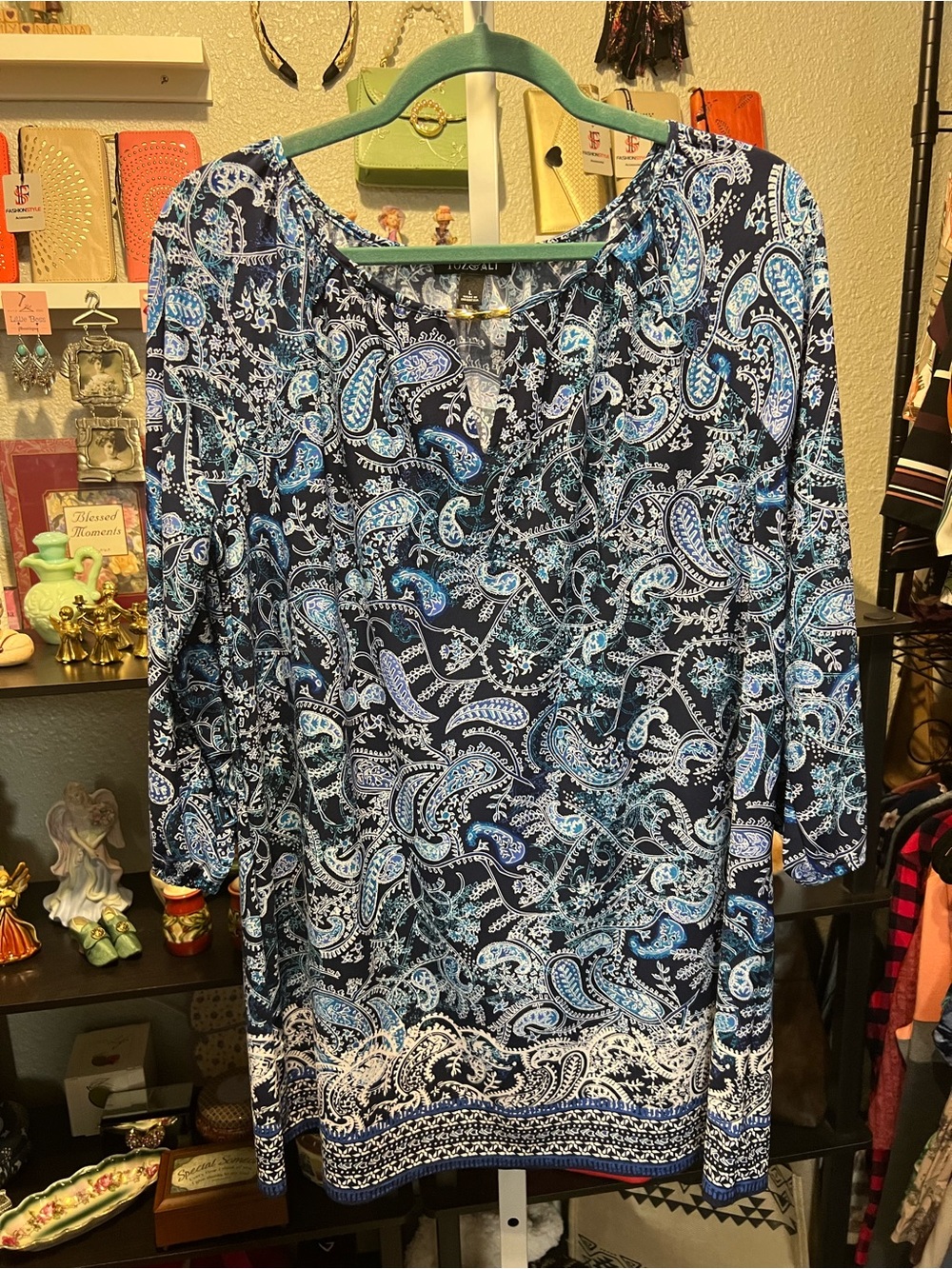 Roz & Ali Navy and Blue Paisley V-Neck Tunic